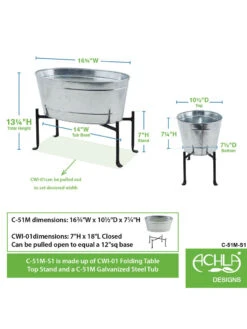 Achla Designs Mini Oval Galvanized Tub With Folding Stand -Bloomgear Garden Shop 8612906 04v